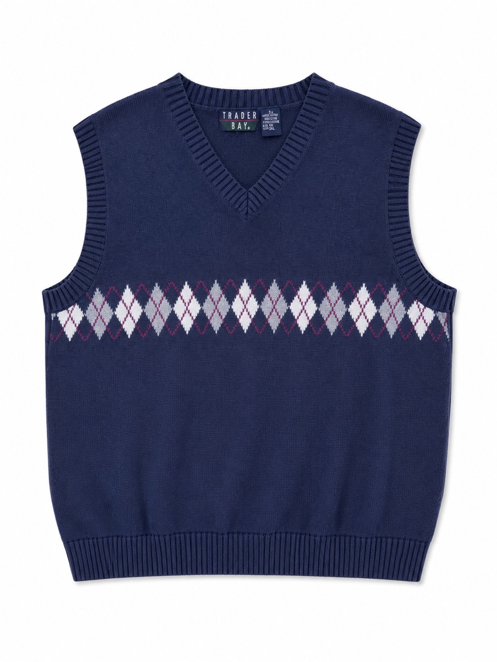 Trader Bay 100% Cotton Argyle V-Neck Sweater Vest Men’s Large Navy Preppy